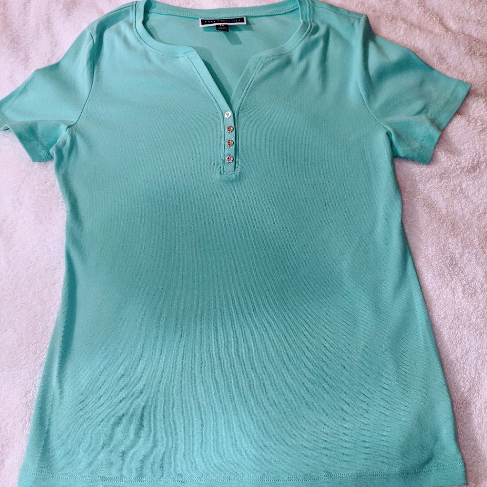 Karen Scott Petite Turquoise Henley T-Shirt